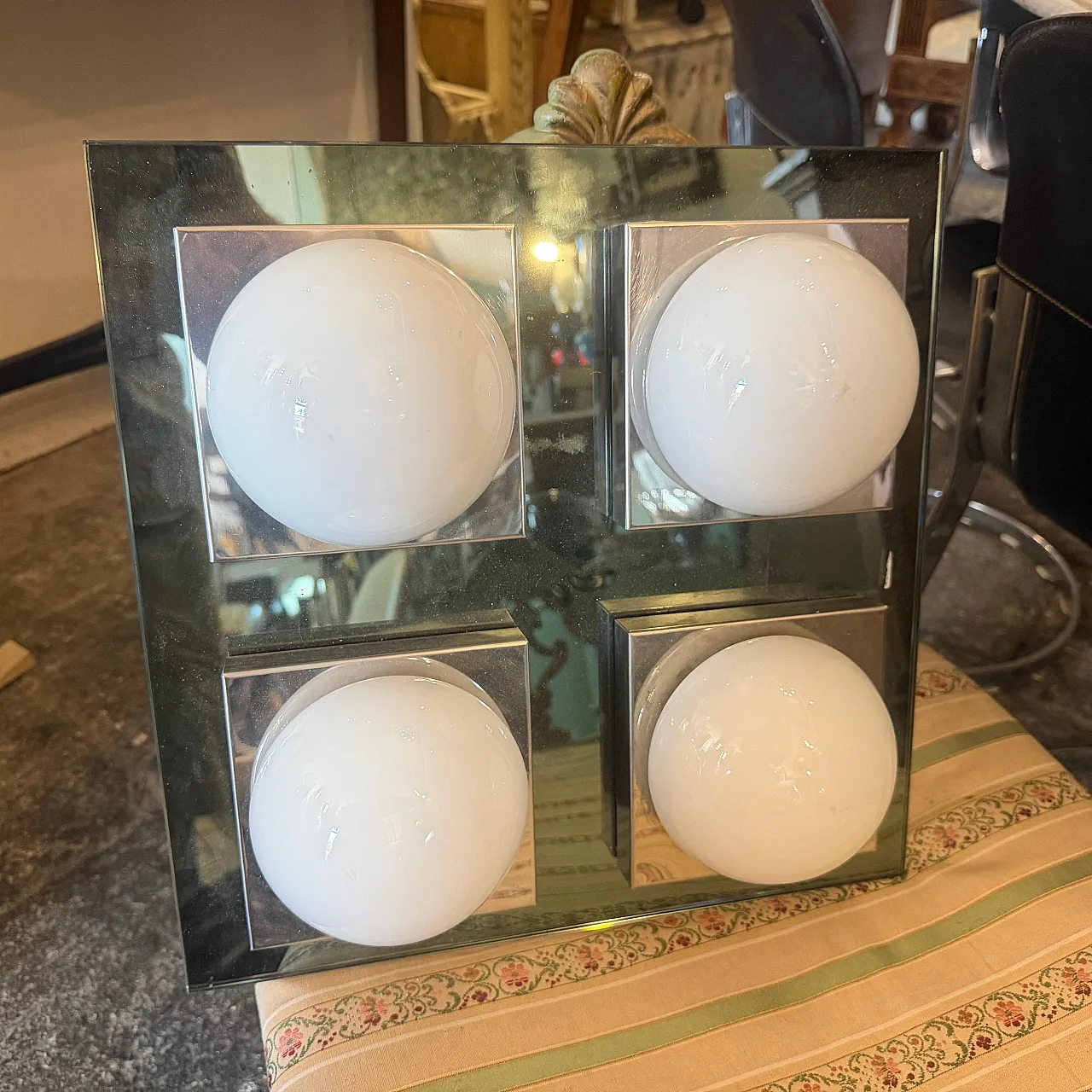 Square chromed metal and glass ceiling light by Veca, 1970s 3