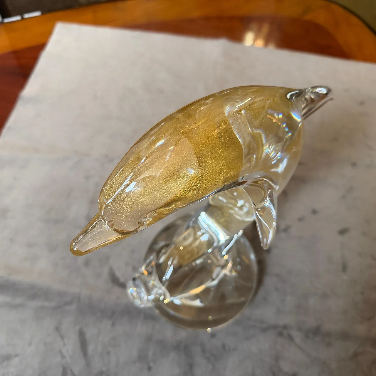 Barovier style modern white and gold Murano glass dolphin, 1990s 6