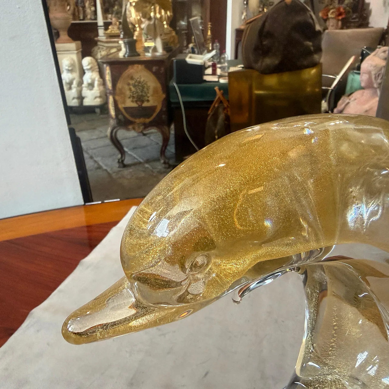 Barovier style modern white and gold Murano glass dolphin, 1990s 8