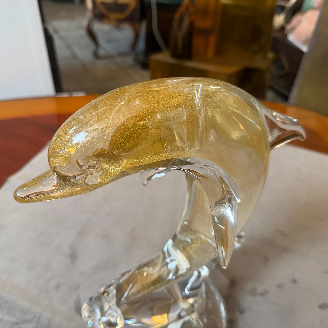 Barovier style modern white and gold Murano glass dolphin, 1990s 10