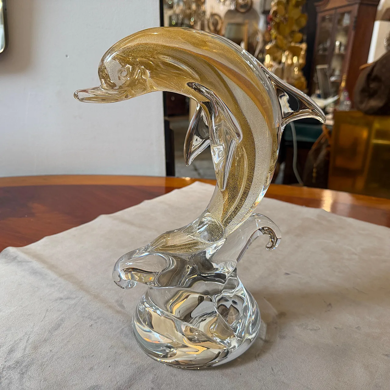 Barovier style modern white and gold Murano glass dolphin, 1990s 12