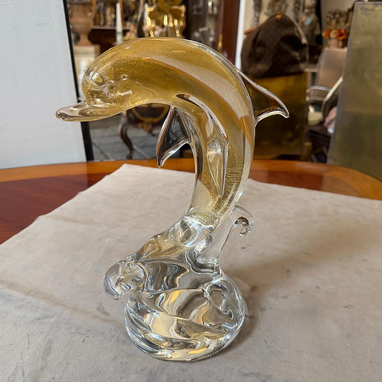 Barovier style modern white and gold Murano glass dolphin, 1990s 13