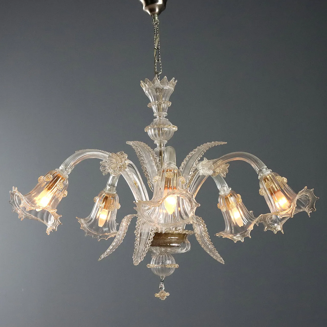Venetian blown glass chandelier with golden shades, 19th century 1