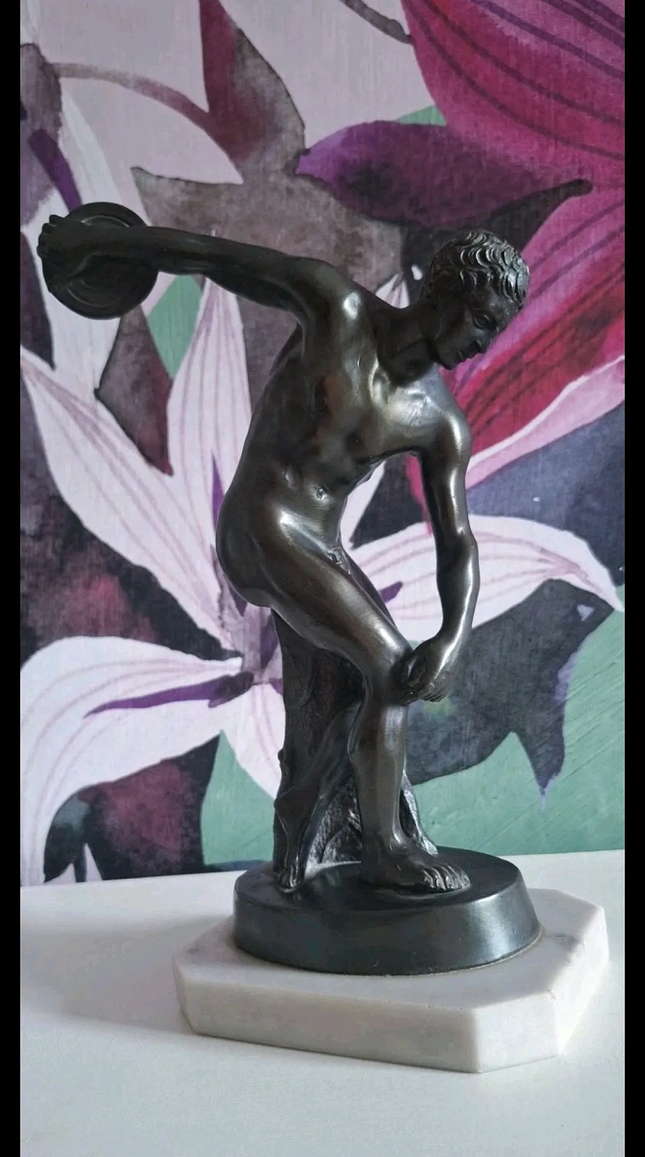 Ancient sculpture of a Discopolo di Mirone in burnished metal on a marble base 2