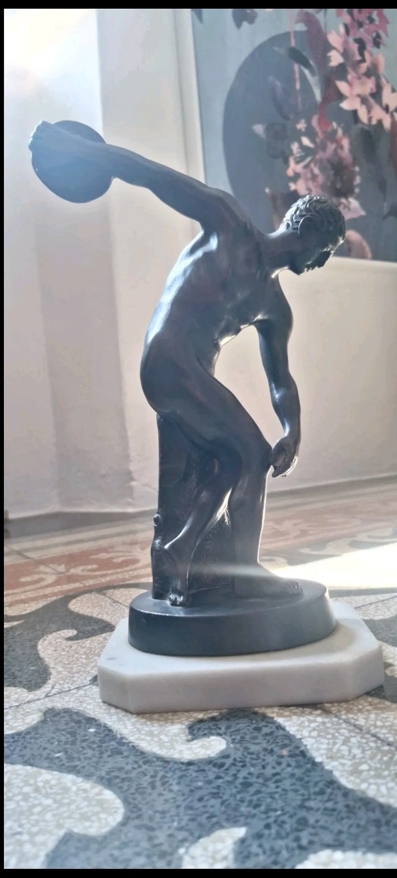 Ancient sculpture of a Discopolo di Mirone in burnished metal on a marble base 3