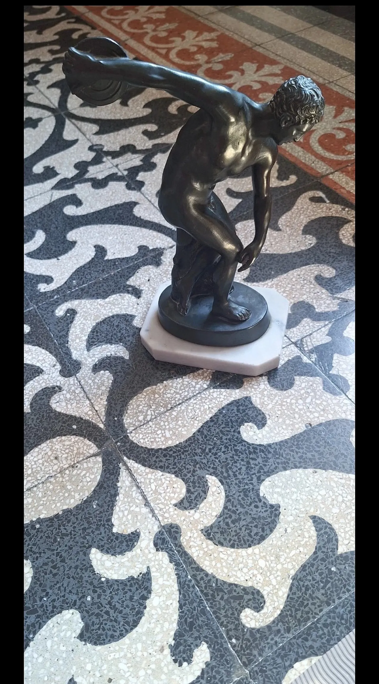 Ancient sculpture of a Discopolo di Mirone in burnished metal on a marble base 5