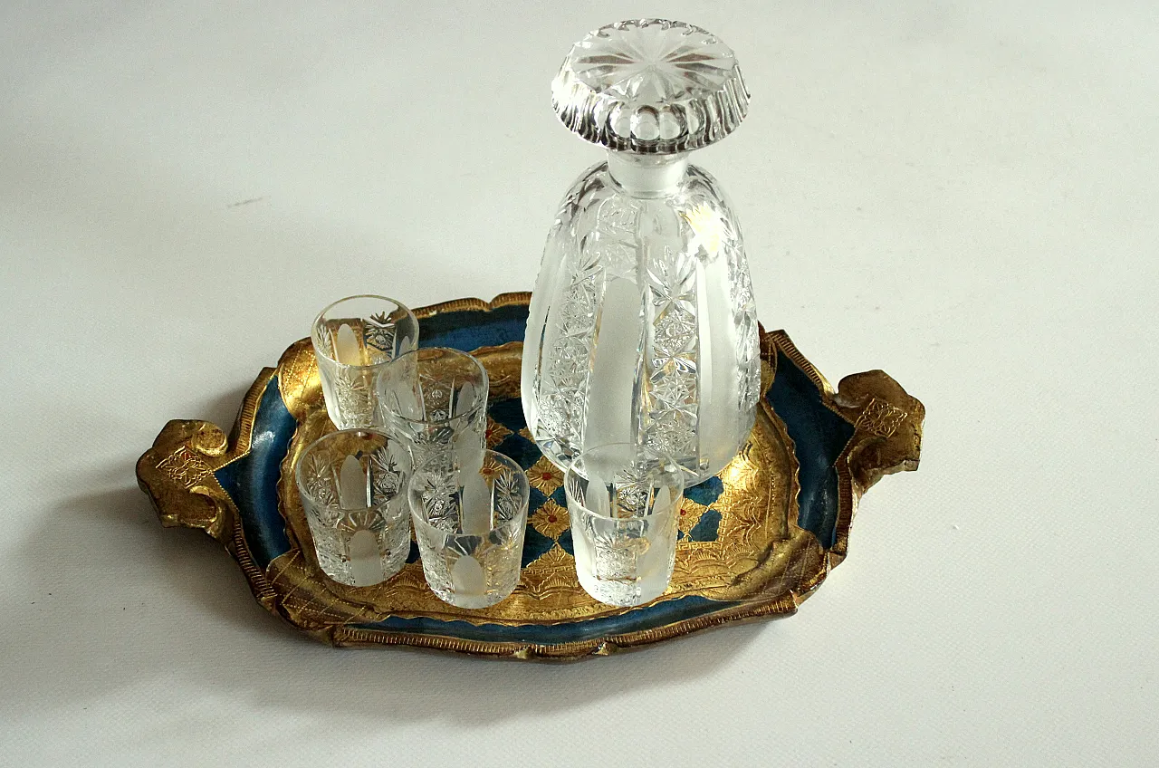 Set Of A Bohemian Lead Crystal Carafe + 5 Liqueur Glasses + 1 tray 1