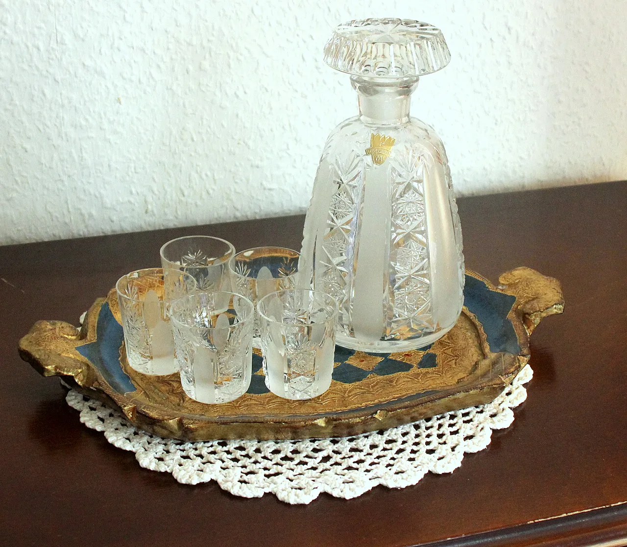 Set Of A Bohemian Lead Crystal Carafe + 5 Liqueur Glasses + 1 tray 2