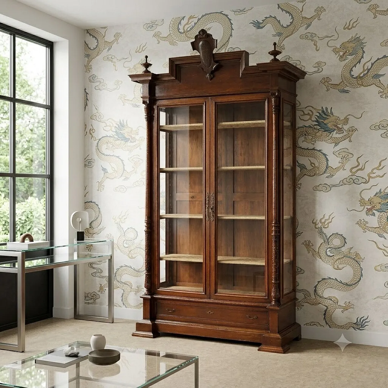 Walnut display cabinet with glass doors, 19th century 2