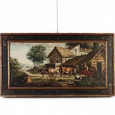 Paesaggio bucolico con figure e animali, '800