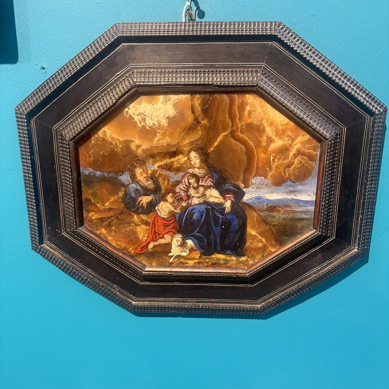 Dipinto ottogonale con sacra famiglia, olio su Onice, ‘600 1