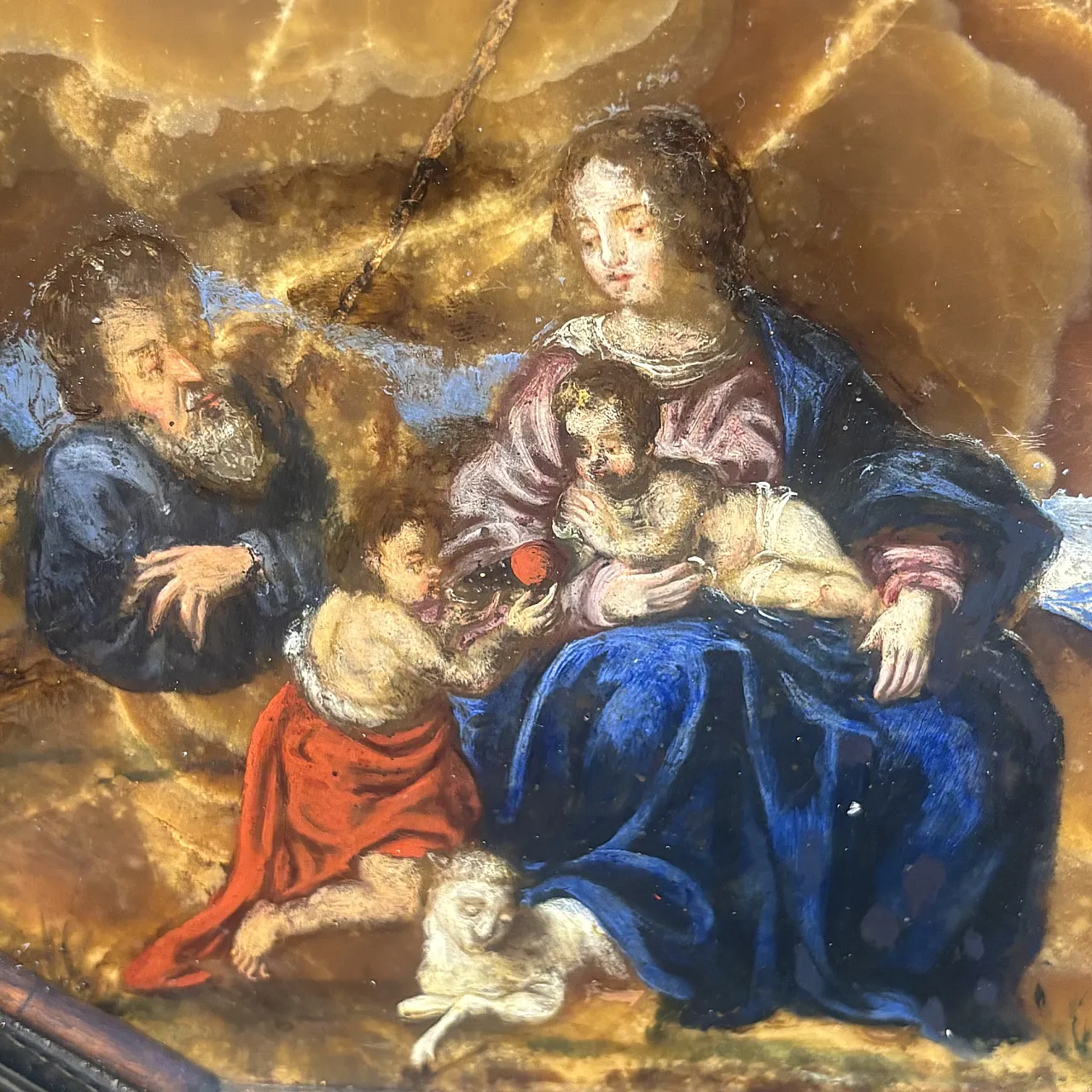 Dipinto ottogonale con sacra famiglia, olio su Onice, ‘600 2