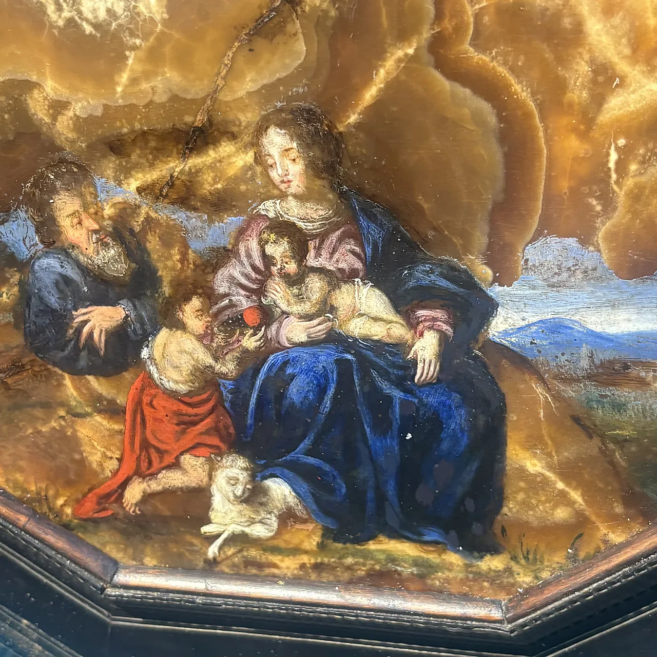Dipinto ottogonale con sacra famiglia, olio su Onice, ‘600 3