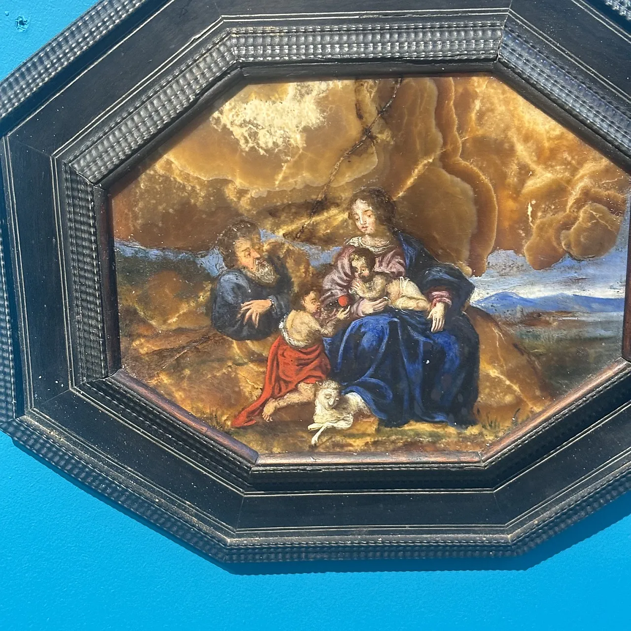 Dipinto ottogonale con sacra famiglia, olio su Onice, ‘600 9