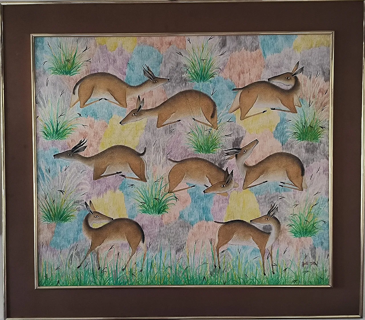 Quadro di PILI Pili MULONGOY ZAIRE "Antilopi in corsa" 85x100 anni '80 4