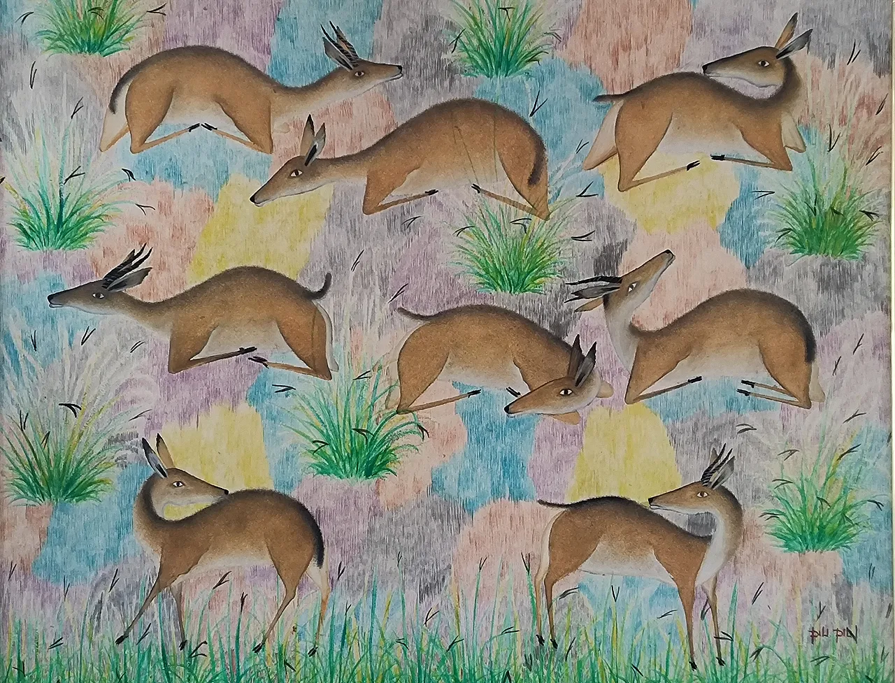 Quadro di PILI Pili MULONGOY ZAIRE "Antilopi in corsa" 85x100 anni '80 8