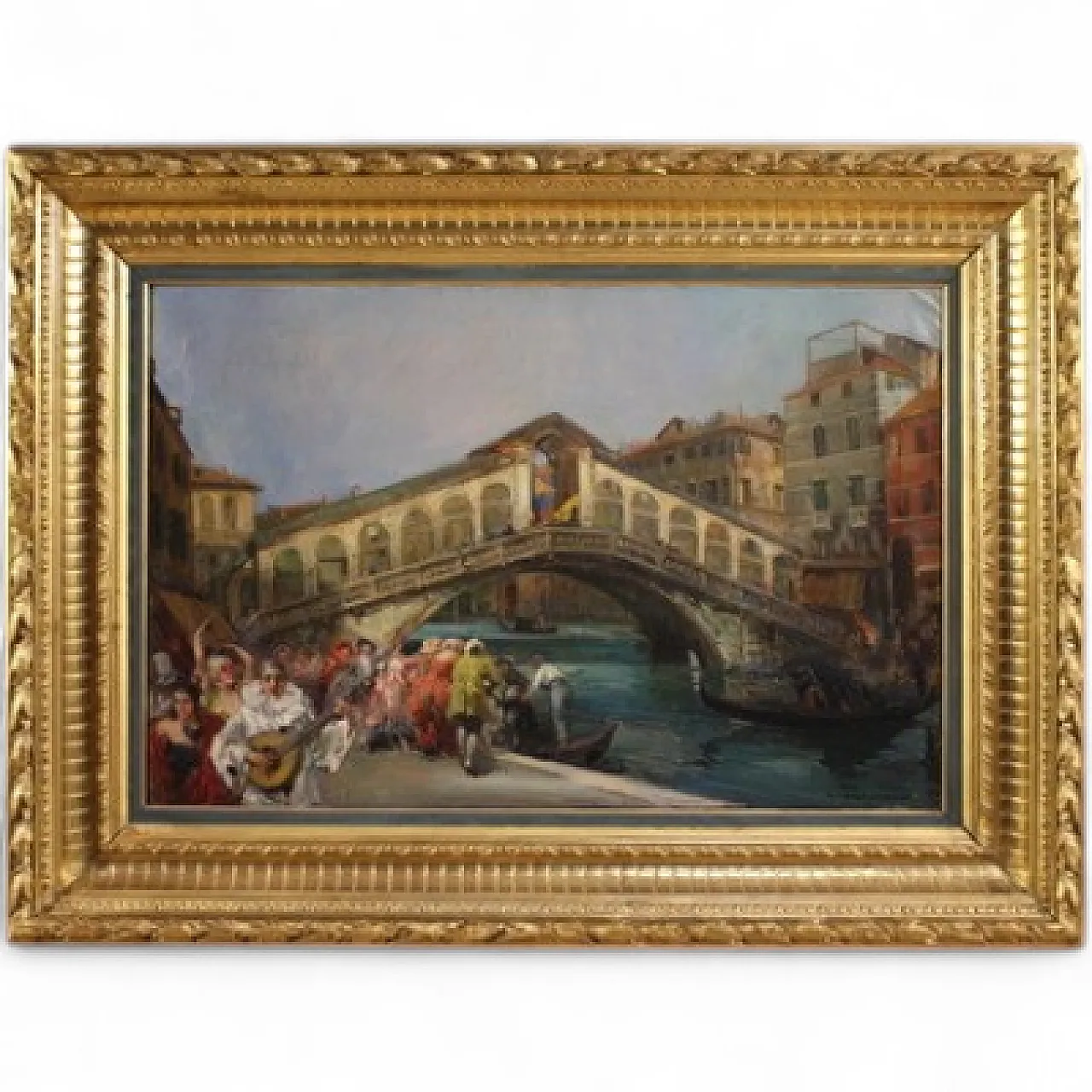 Large 20th-century painting by C. Mannucci, Carnival on the Bridge 16