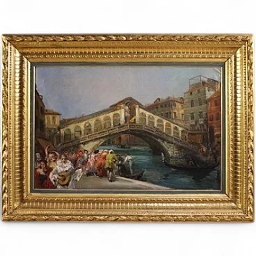 Large 20th-century painting by C. Mannucci, Carnival on the Bridge