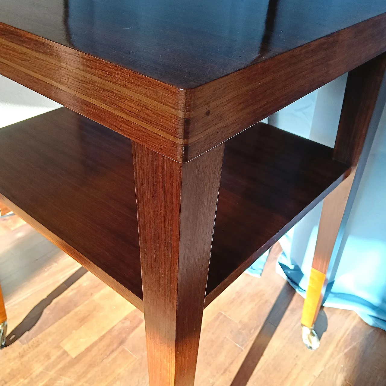 Squared wood side table on wheels, 1970s 5