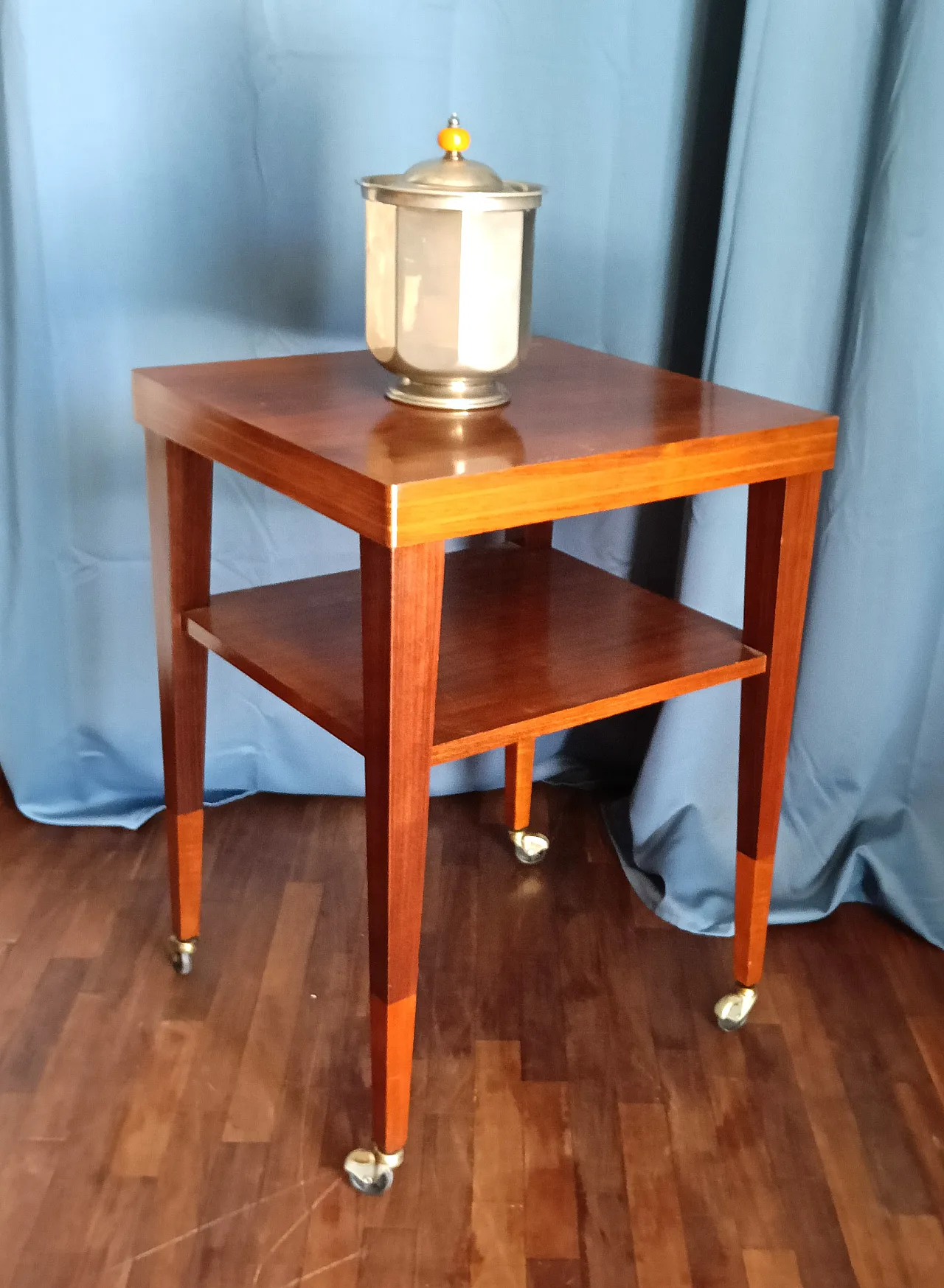 Squared wood side table on wheels, 1970s 9