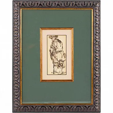 Old man with a staff, pen drawing, 19th century