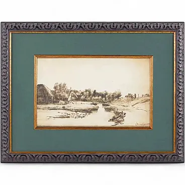 Landscape with a canal, pen and ink, 19th century