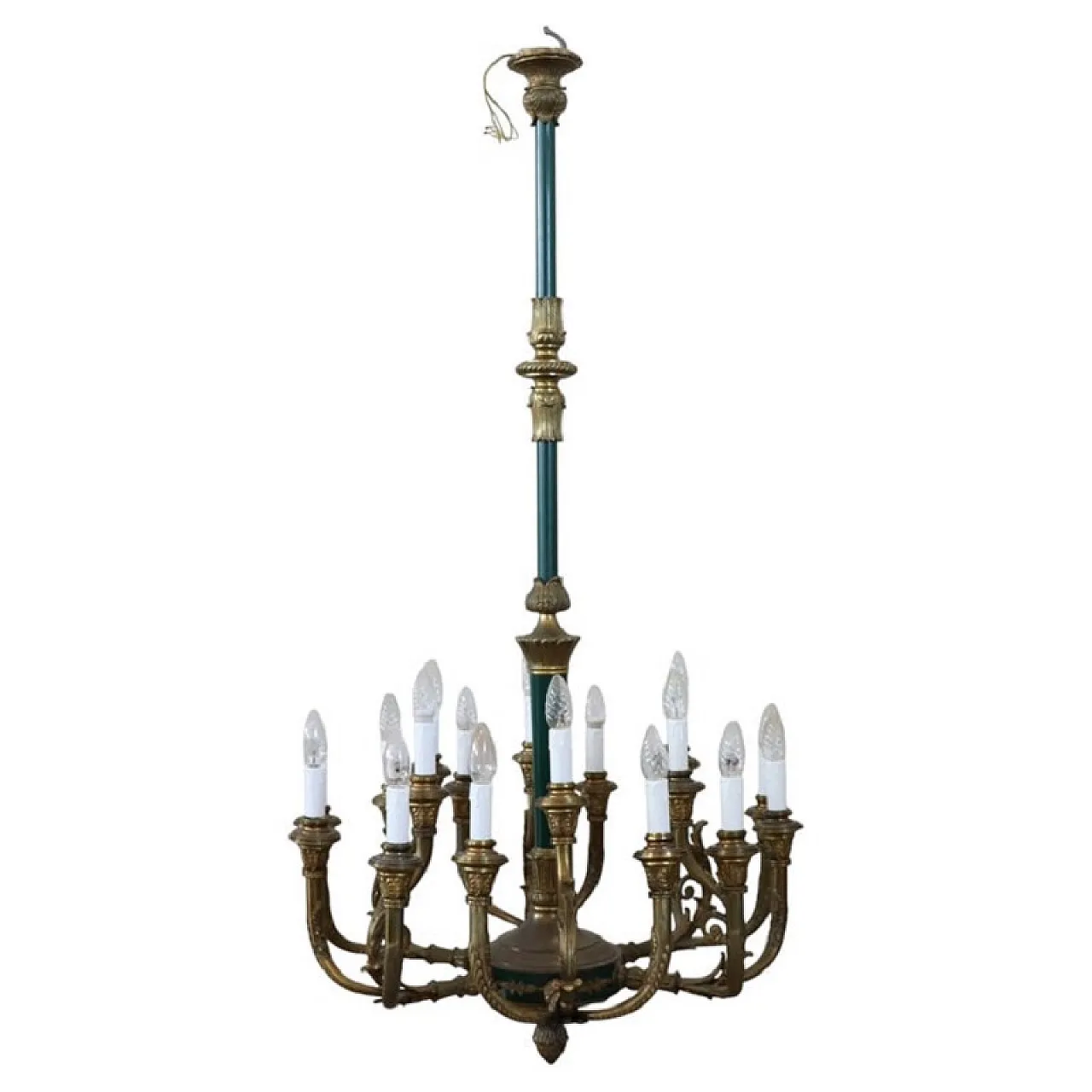 Bronze and green lacquered metal chandelier, 18 lights, early 1900s 1