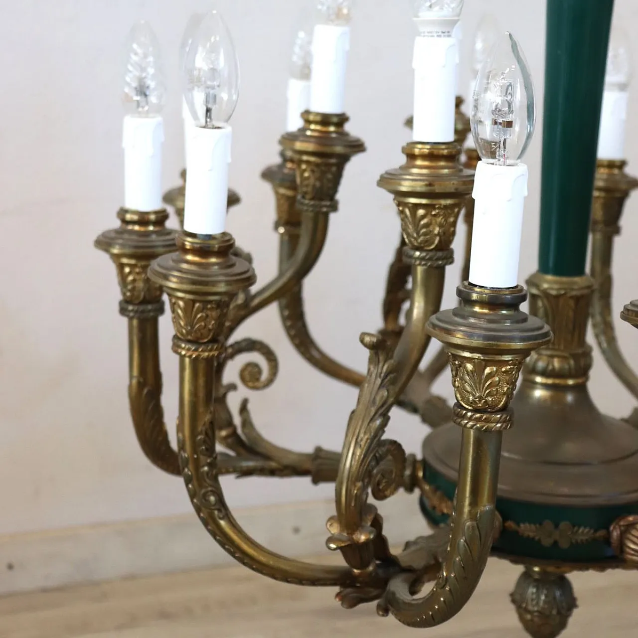 Bronze and green lacquered metal chandelier, 18 lights, early 1900s 6