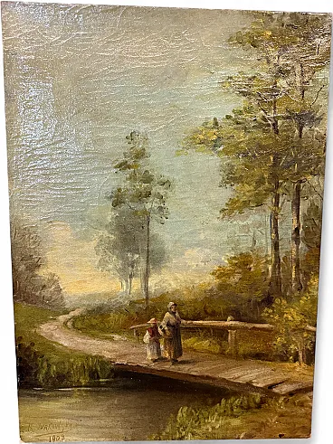 Antique landscape and character painting, 19th century, oil on canvas, 59x42cm.
