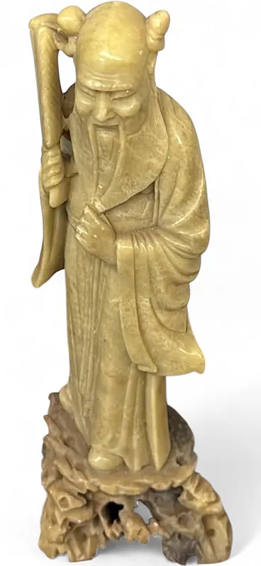 Vecchia scultura cinese in pietra saponaria raffigurante Shou Lao