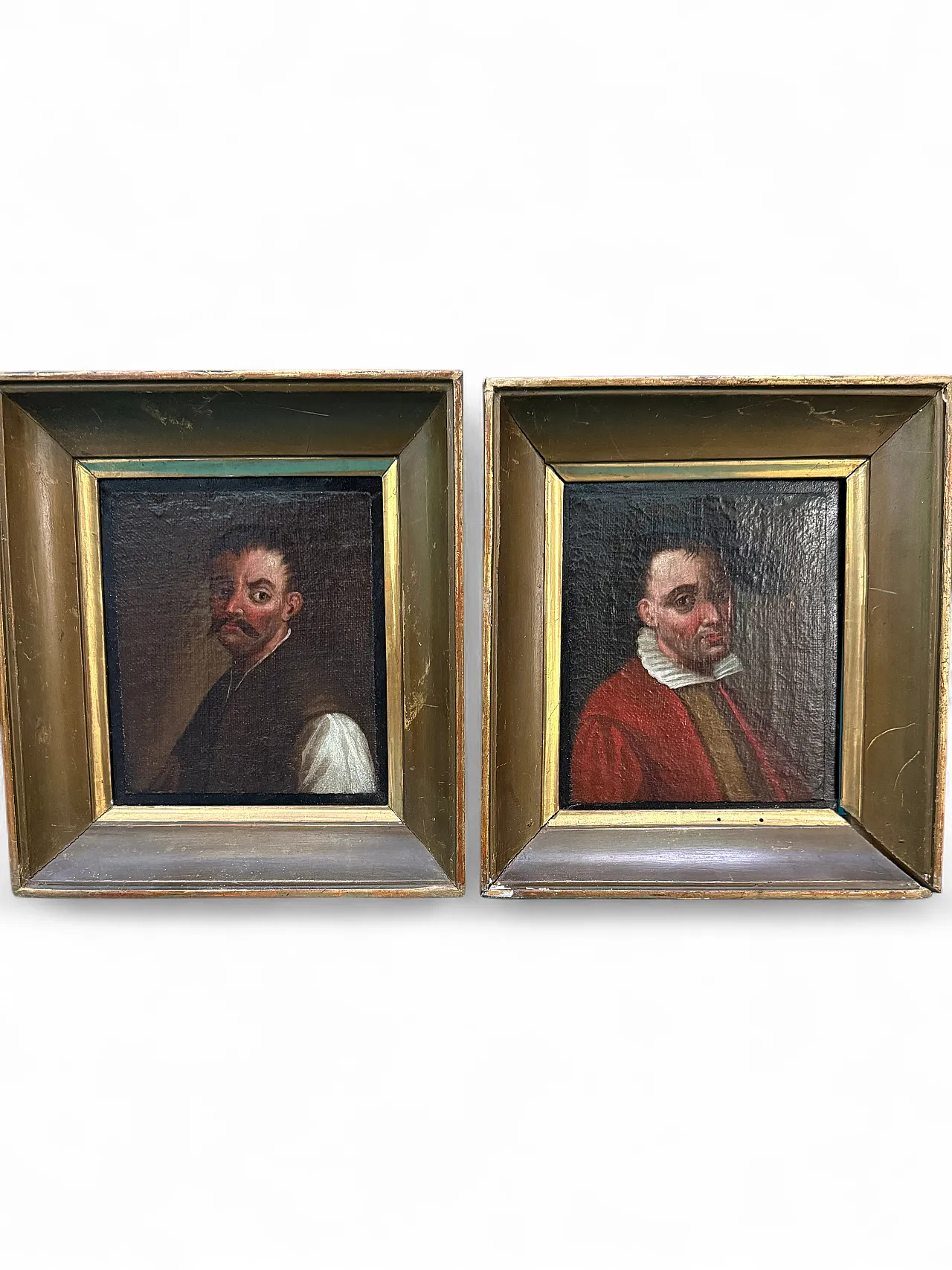 Antique pair of oil paintings on canvas of 19th century characters, 29x27cm 17