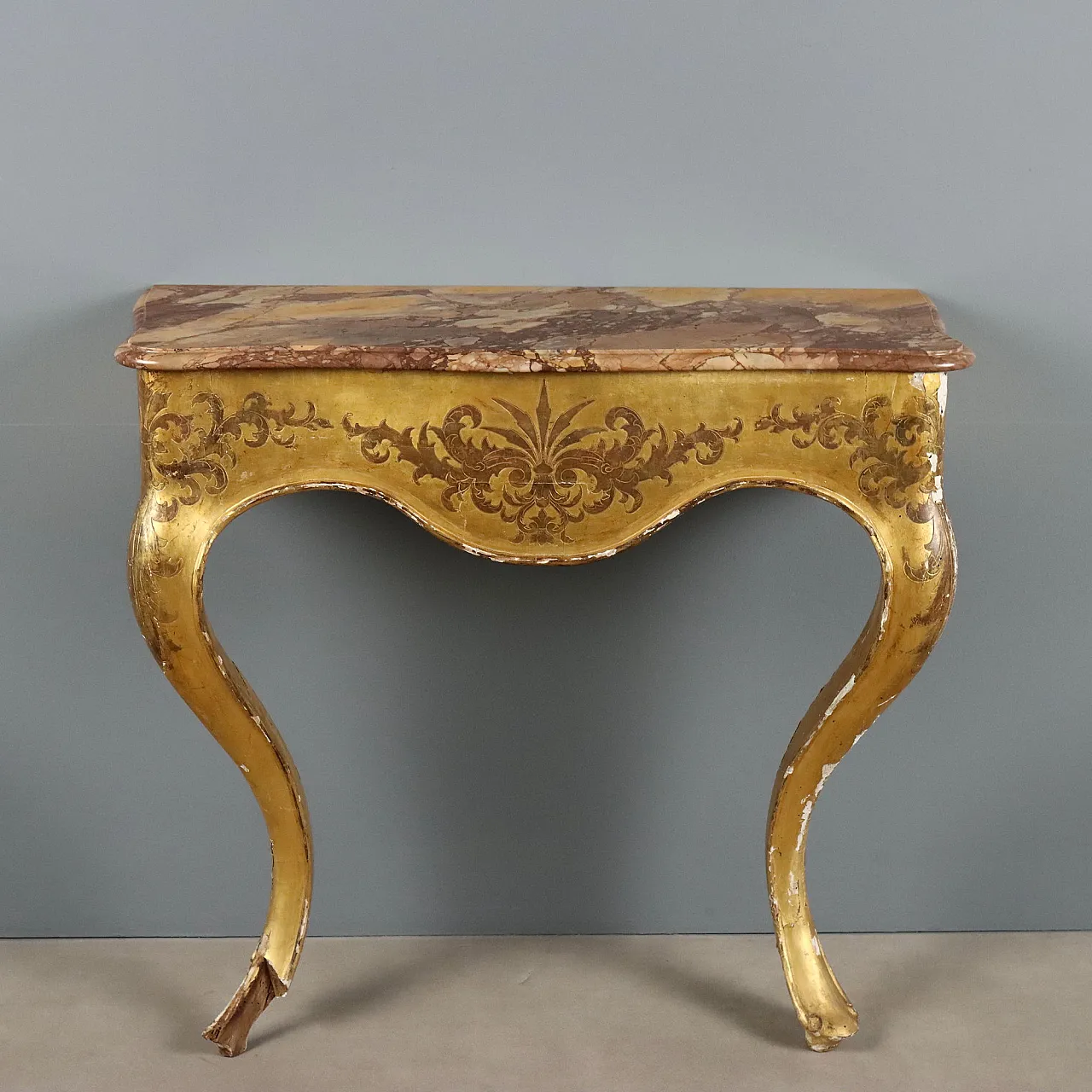 Gilded wood console table with marble top, 19th century 1