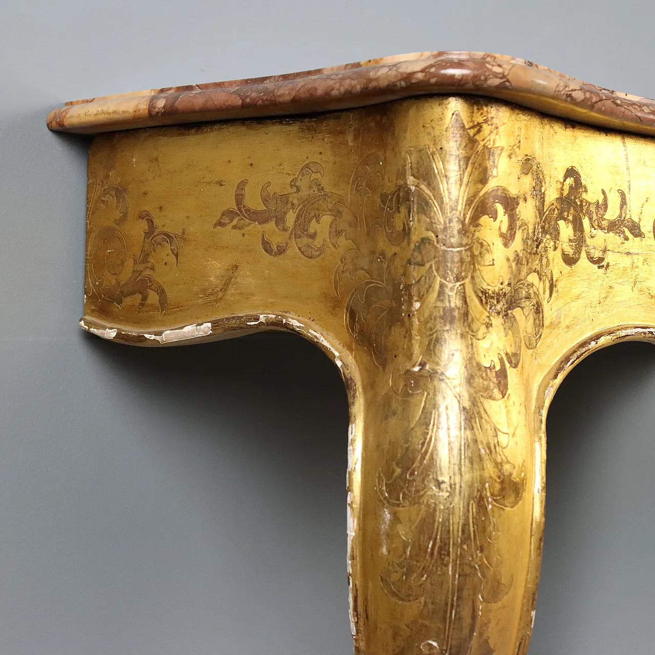 Gilded wood console table with marble top, 19th century 10