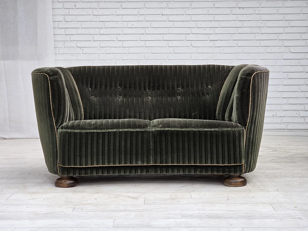 1960s, Danish 2-seater curved sofa, furniture velour, oak wood. 1