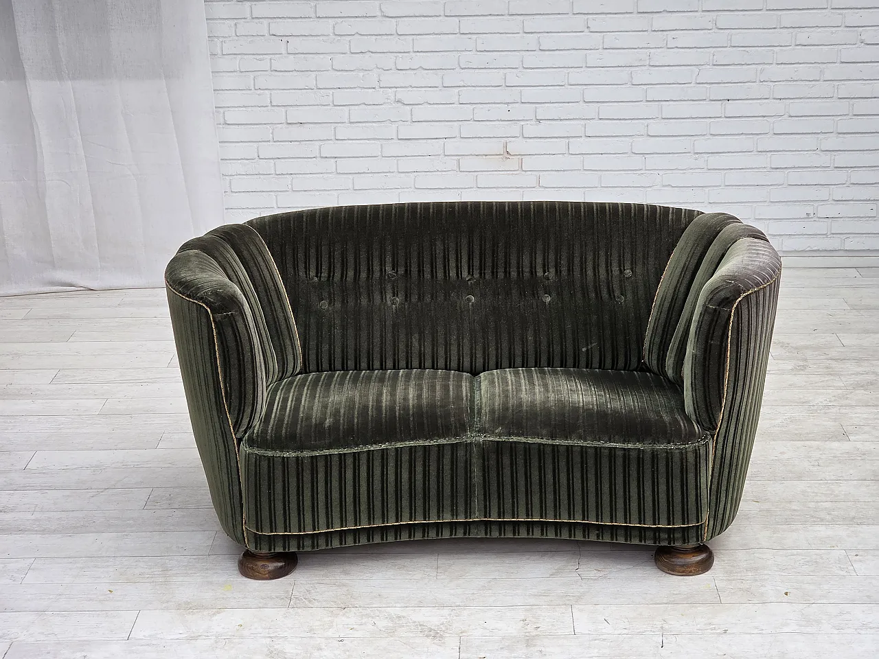 1960s, Danish 2-seater curved sofa, furniture velour, oak wood. 2