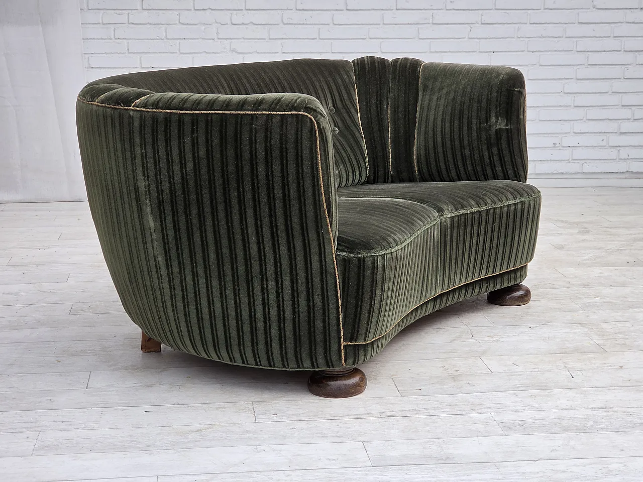 1960s, Danish 2-seater curved sofa, furniture velour, oak wood. 5