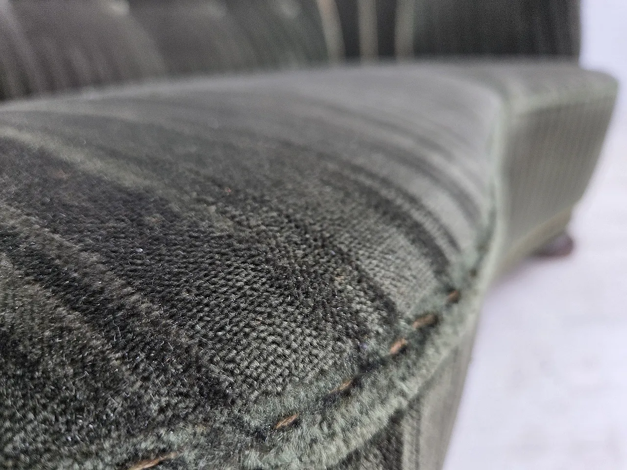 1960s, Danish 2-seater curved sofa, furniture velour, oak wood. 6