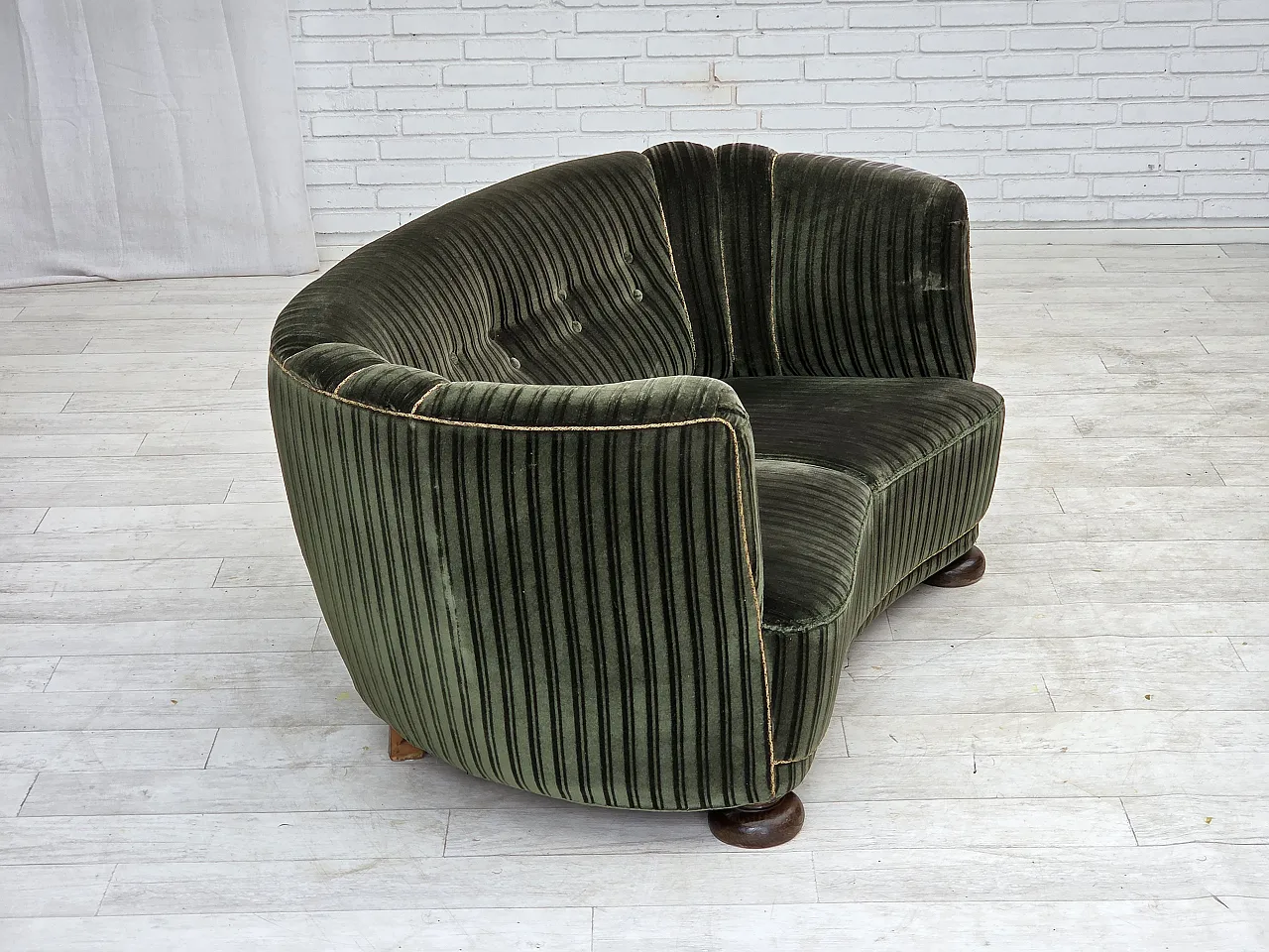 1960s, Danish 2-seater curved sofa, furniture velour, oak wood. 7