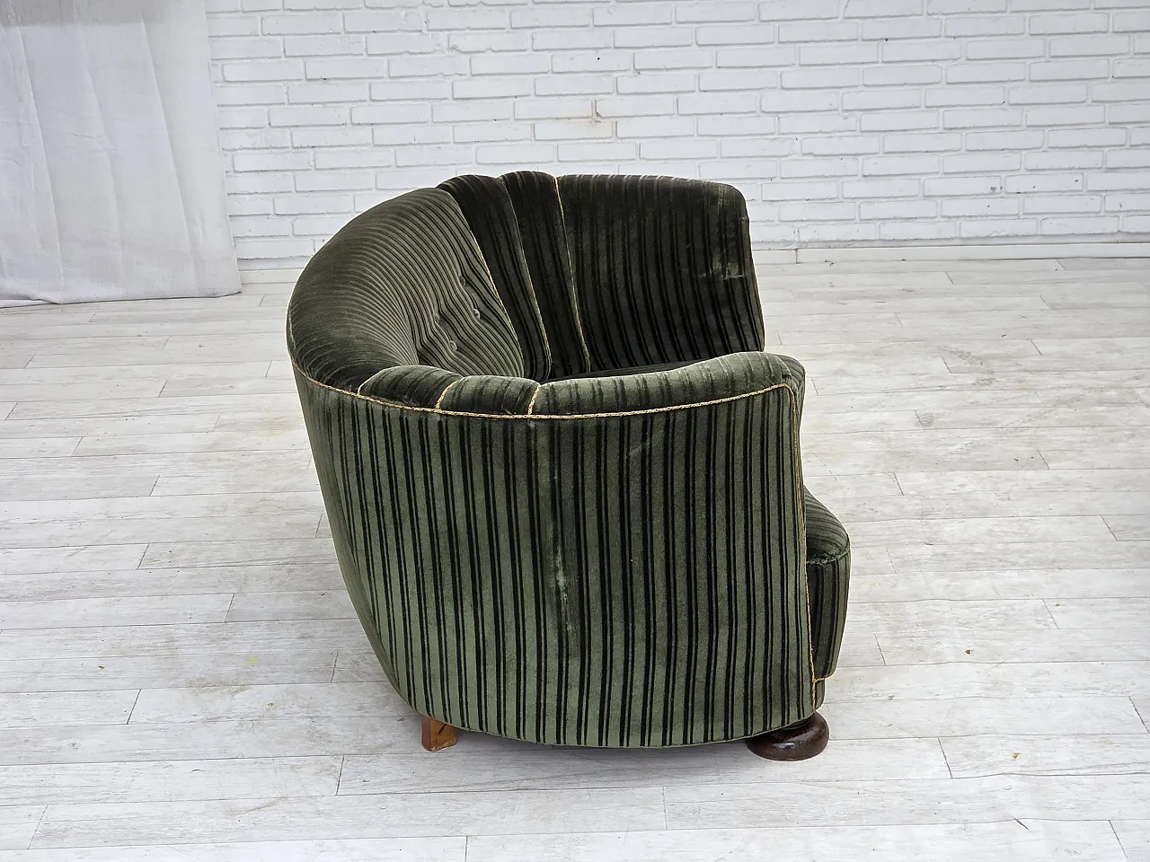 1960s, Danish 2-seater curved sofa, furniture velour, oak wood. 8
