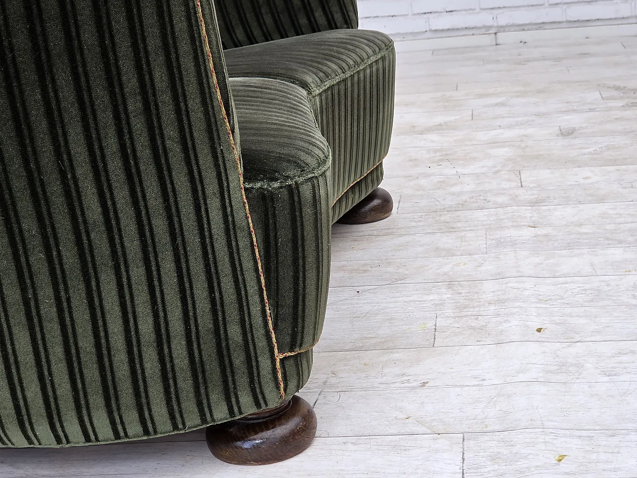 1960s, Danish 2-seater curved sofa, furniture velour, oak wood. 9