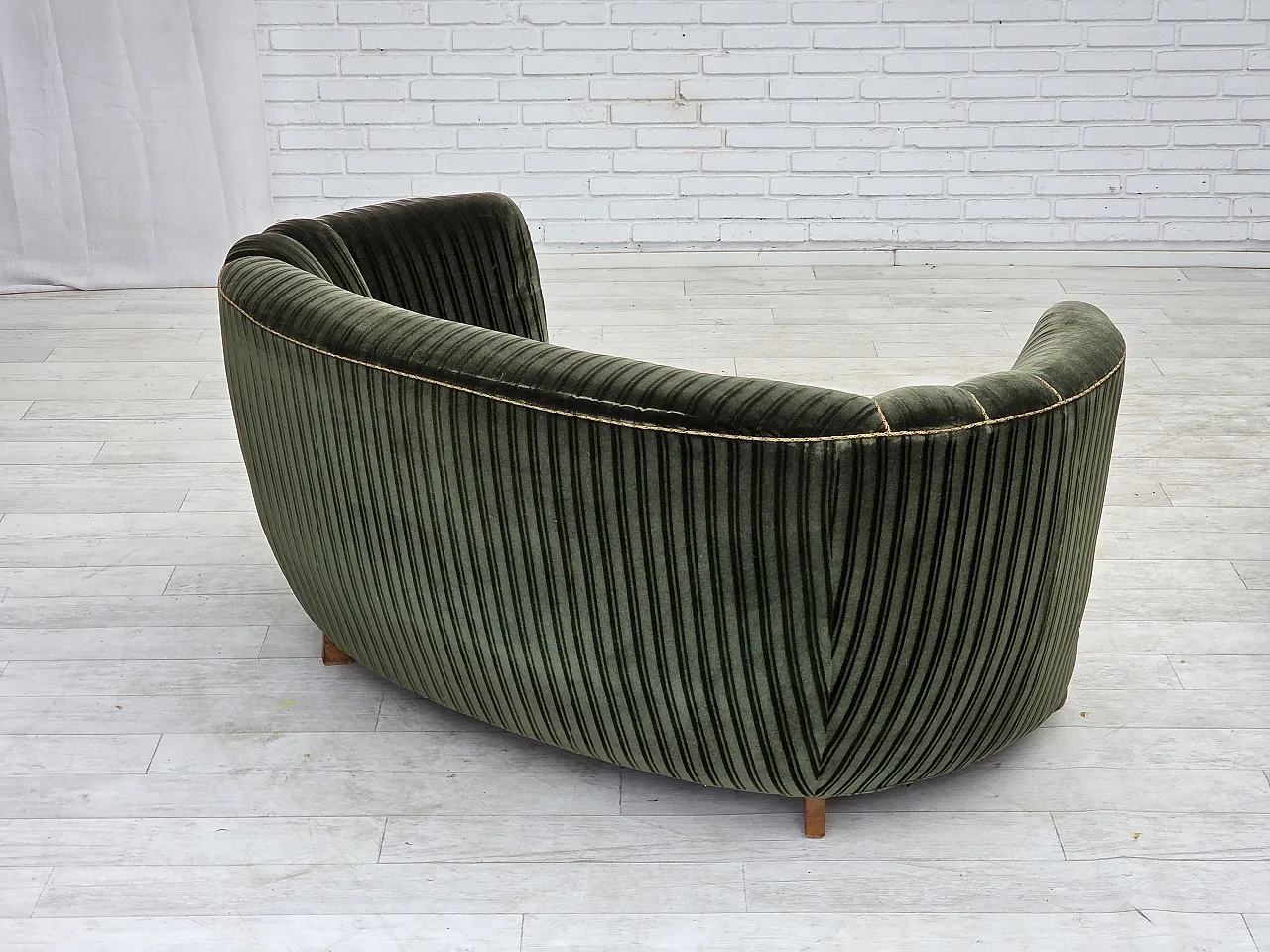1960s, Danish 2-seater curved sofa, furniture velour, oak wood. 10