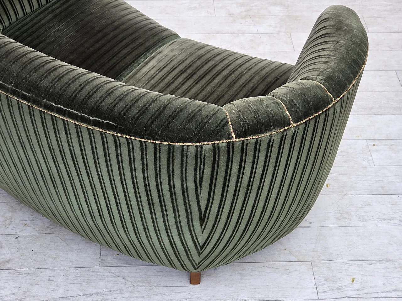 1960s, Danish 2-seater curved sofa, furniture velour, oak wood. 11