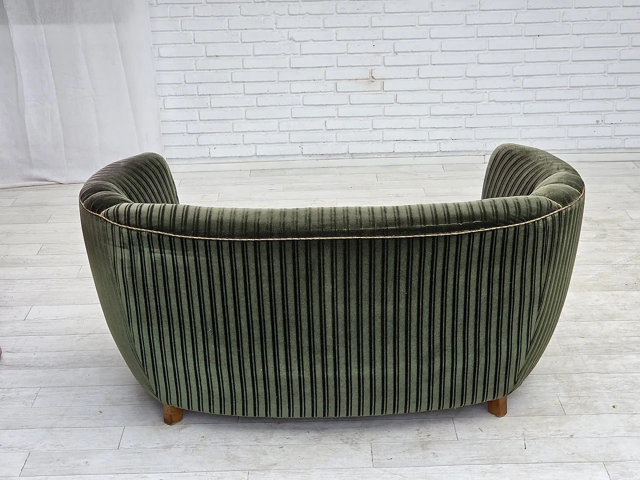 1960s, Danish 2-seater curved sofa, furniture velour, oak wood. 12