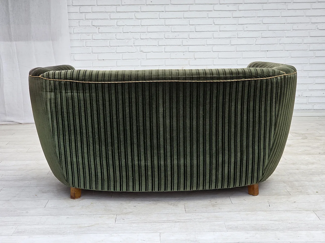 1960s, Danish 2-seater curved sofa, furniture velour, oak wood. 13