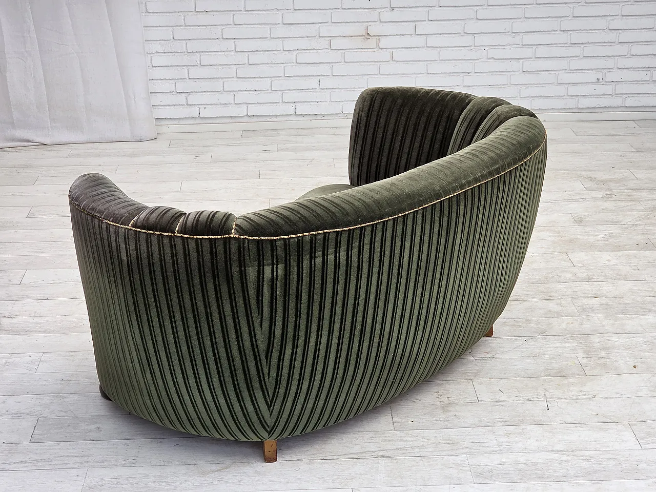 1960s, Danish 2-seater curved sofa, furniture velour, oak wood. 14