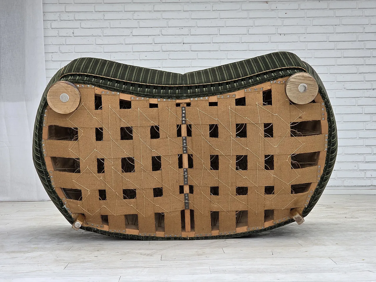 1960s, Danish 2-seater curved sofa, furniture velour, oak wood. 15
