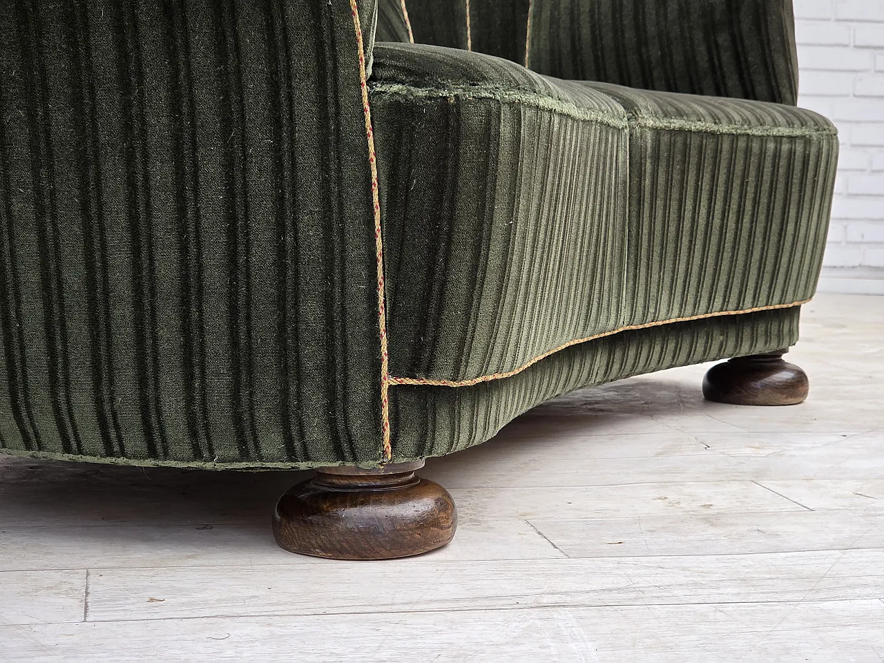 1960s, Danish 2-seater curved sofa, furniture velour, oak wood. 17