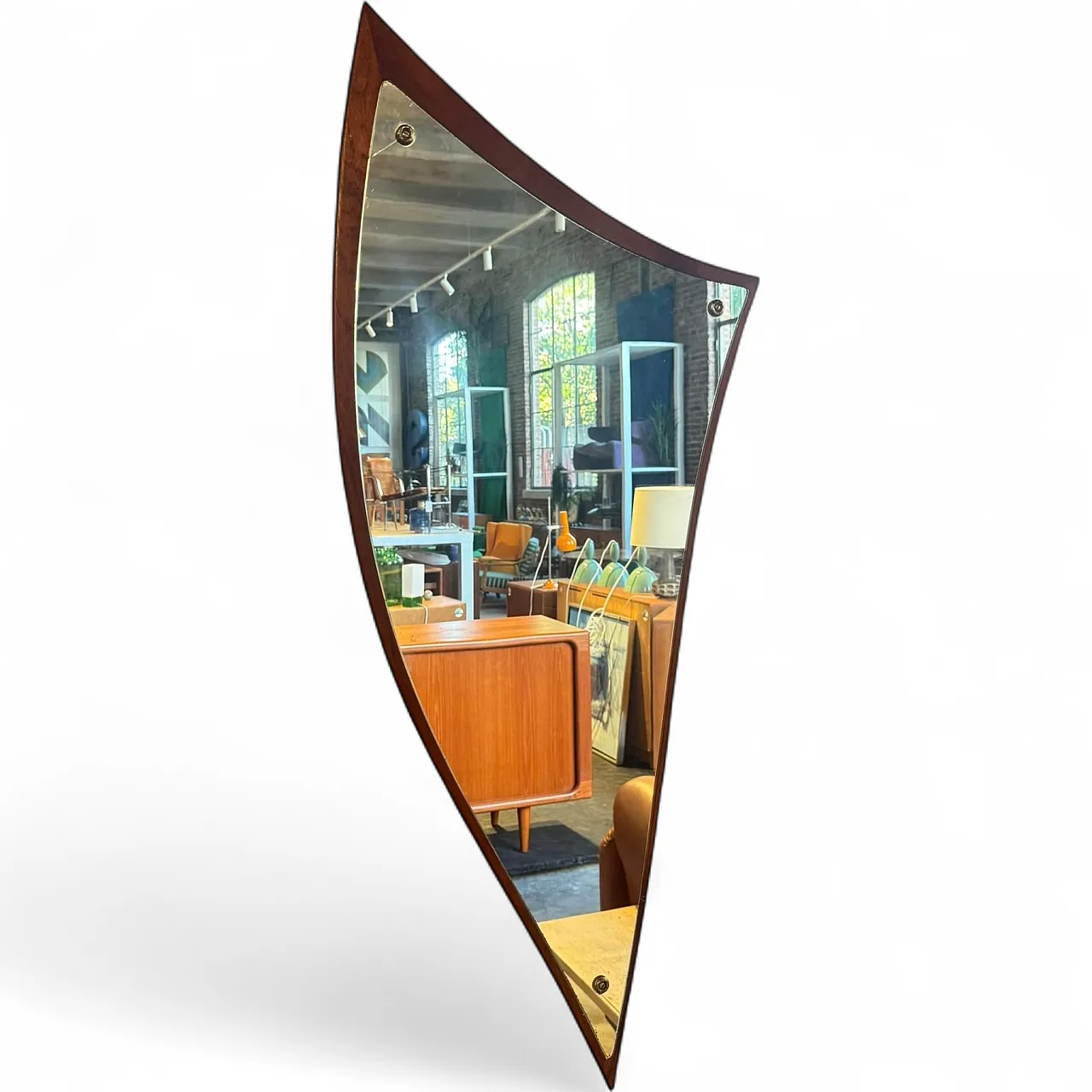 Specchio dalla forma irregolare con base in teak, anni ’60 5