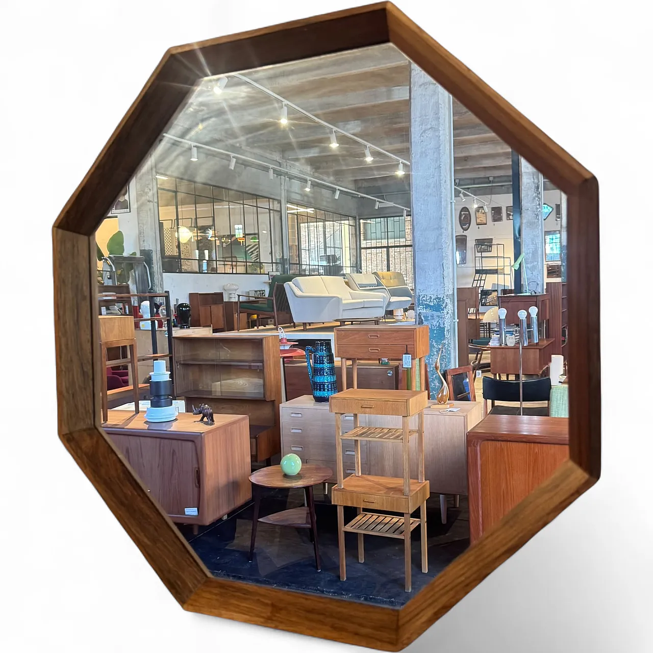 Specchio esagonale con cornice in teak, anni '60 5