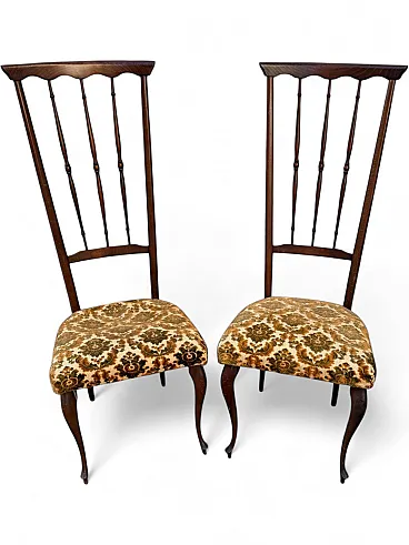 Pair of Chiavarine chairs in wood and green velvet, 1950s